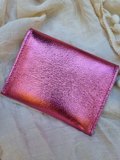 Porte-cartes/monnaie en cuir clouté - rose métallisé