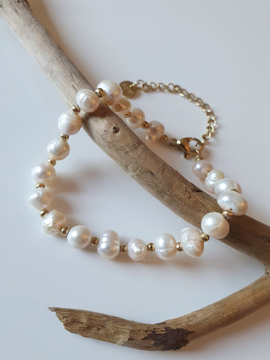 Bracelet perles d'eau douce & perles d'acier - doré