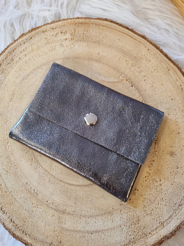 Porte-cartes/monnaie en cuir - gris métallisé