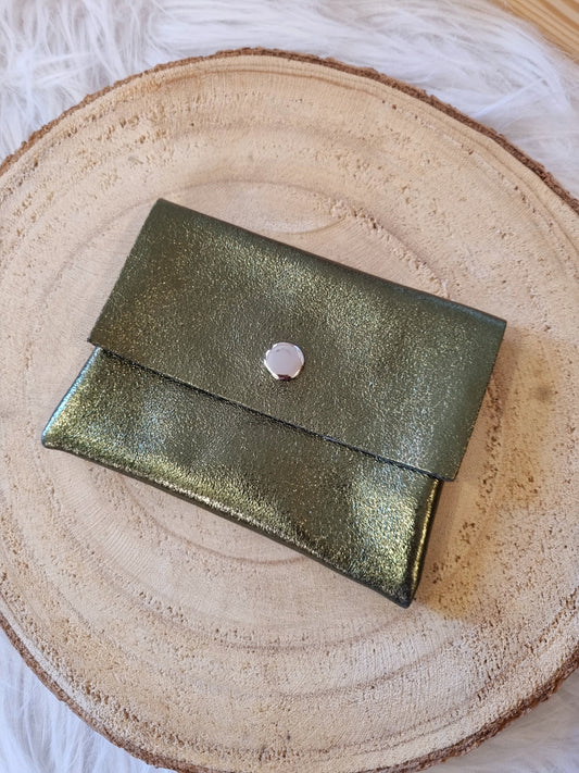 Porte-cartes/monnaie en cuir - vert métallisé