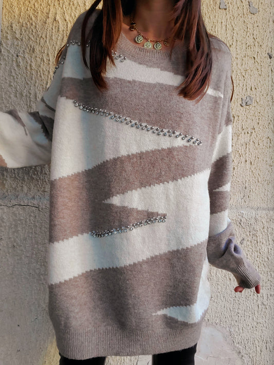 Pull maille écru taupe strass