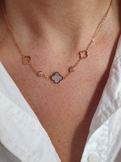 Collier trèfle & zircons - doré/nacre