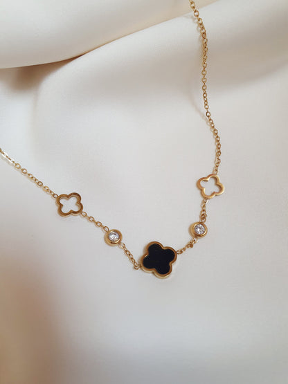 Collier trèfle & zircons - doré/noir