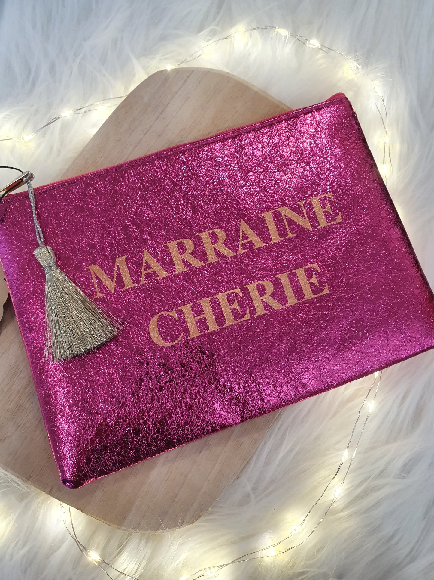 Pochette avec pompom "Marraine chérie" - rose métallisé