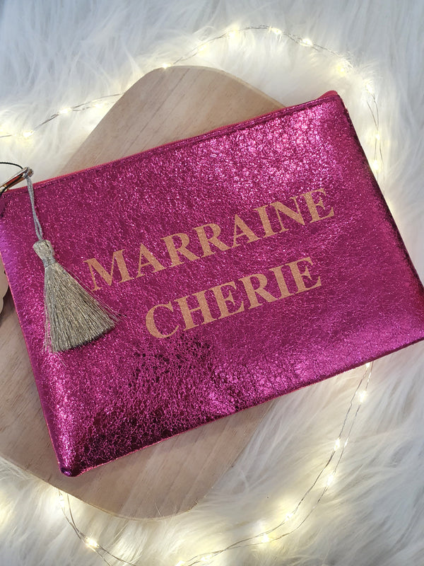 Pochette avec pompom "Marraine chérie" - rose métallisé