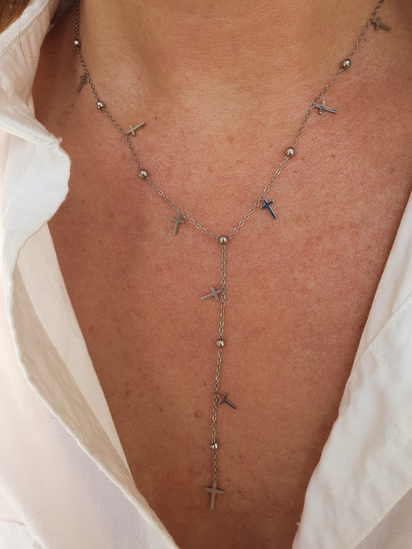 Sautoir petites croix et perles - argenté