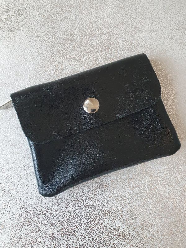 Porte-cartes/monnaie en cuir - noir métallisé