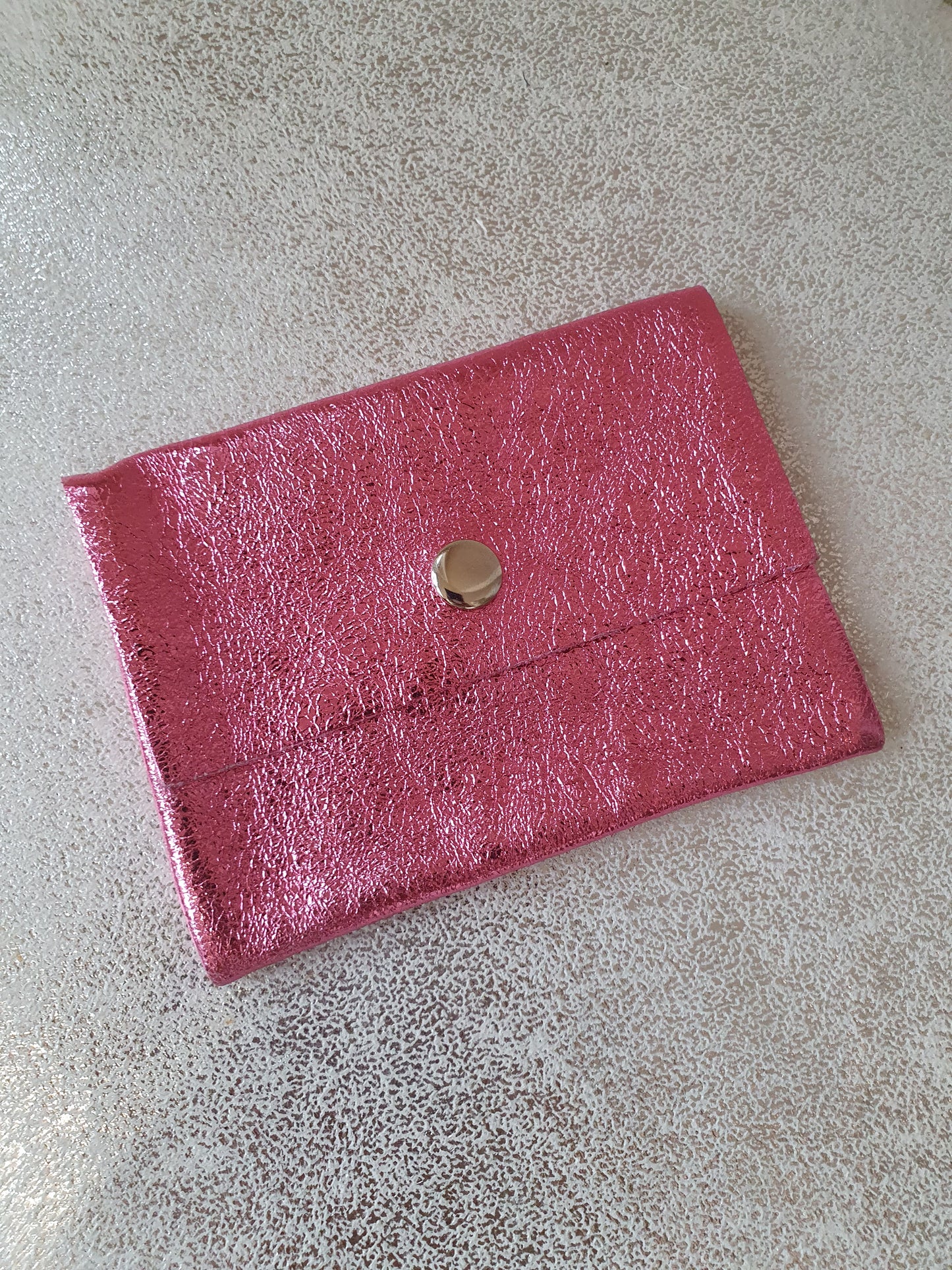Porte-cartes/monnaie en cuir - rose métallisé