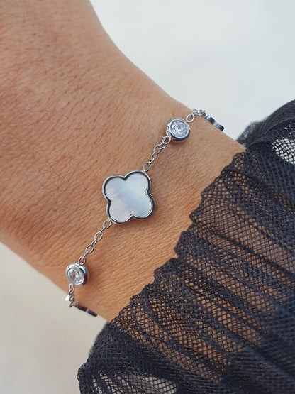 Bracelet trèfle & zircons - argenté/nacre