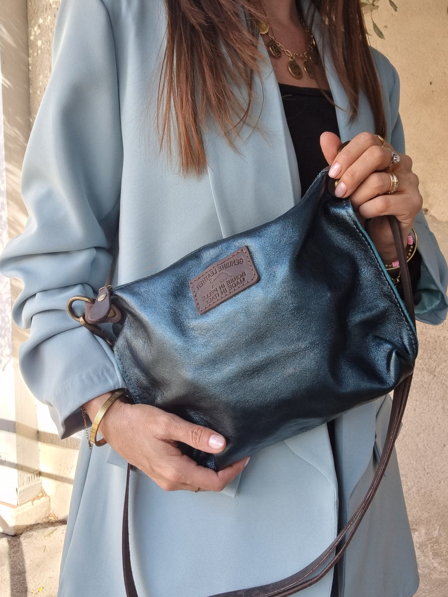 Sac à bandouière en cuir véritable - bleu (dernière unité en stock)