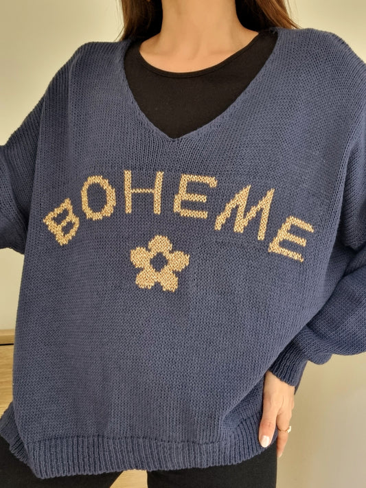 Blouse maille tricot bohème bleu marine/doré