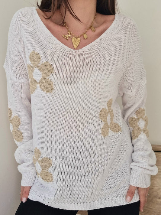 Blouse maille tricot fleur - blanc/doré