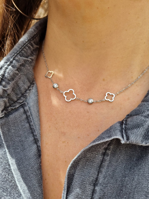 Collier trèfle & zircons - argenté