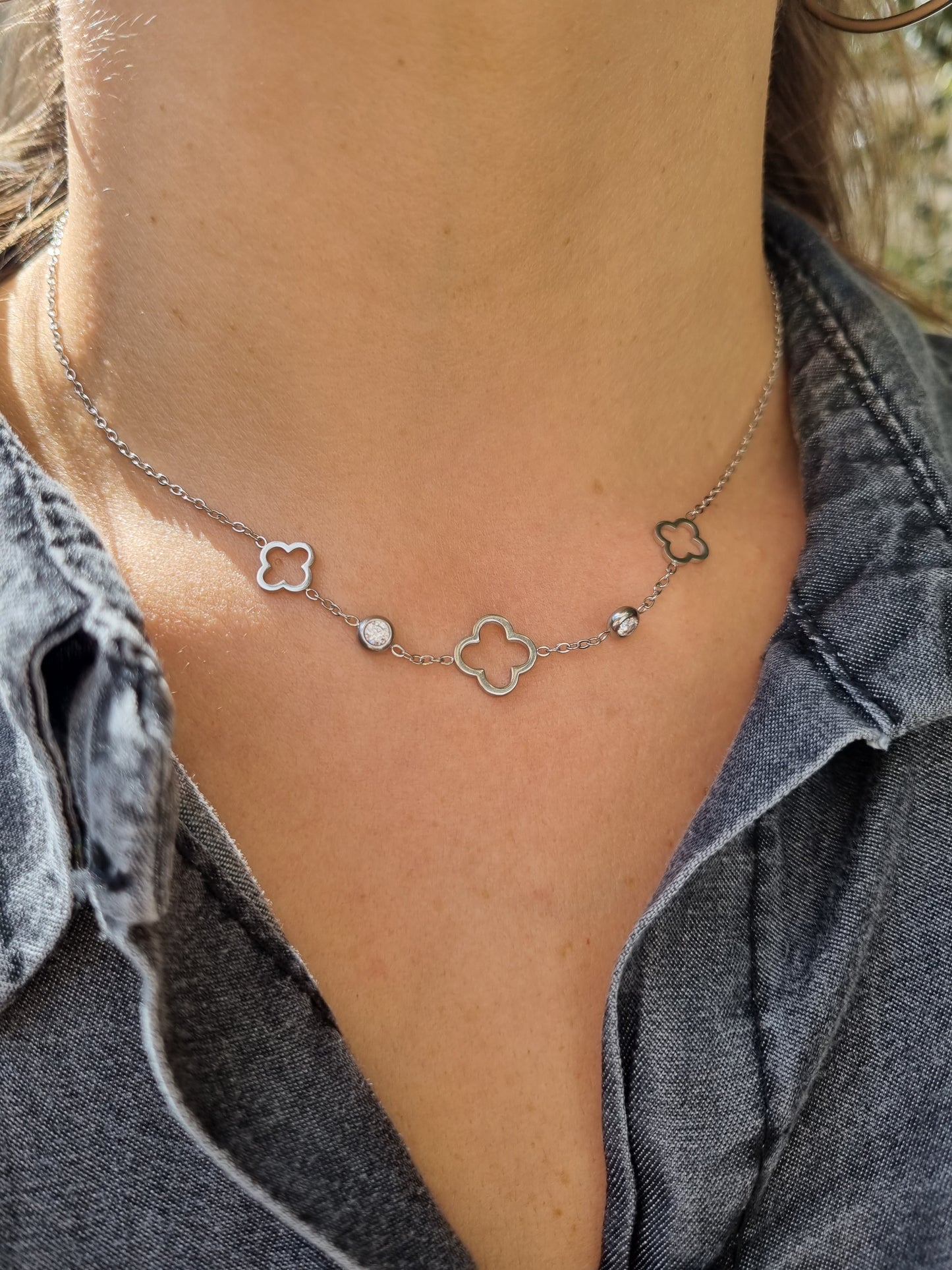 Collier trèfle & zircons - argenté