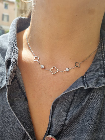 Collier trèfle & zircons - argenté