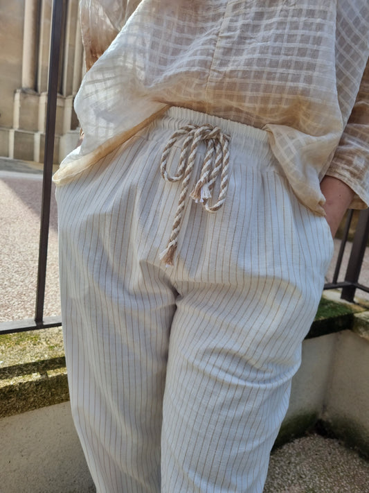 Pantalon fluide ceinture cordon rayures - blanc/brun