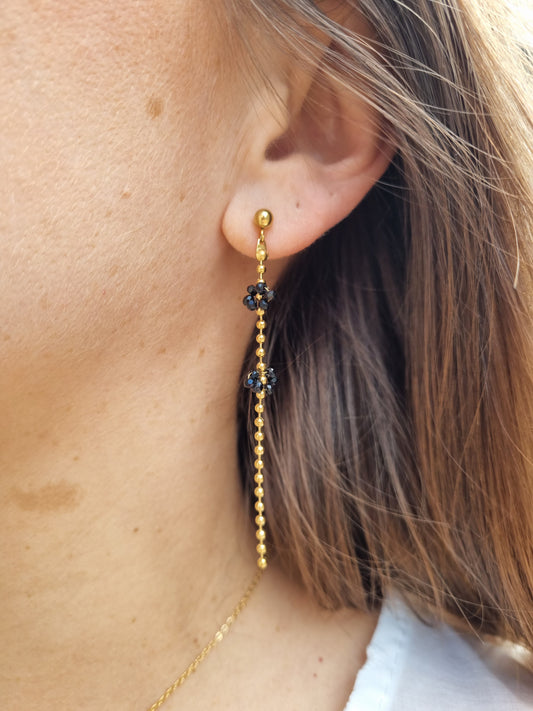 Boucles d'oreilles fleurs perlées - doré/noir