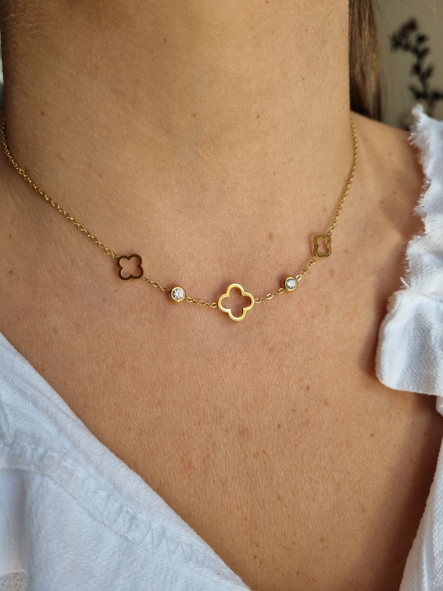 Collier trèfle & zircons - doré