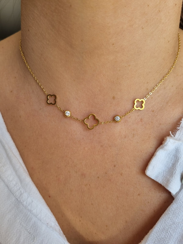 Collier trèfle & zircons - doré