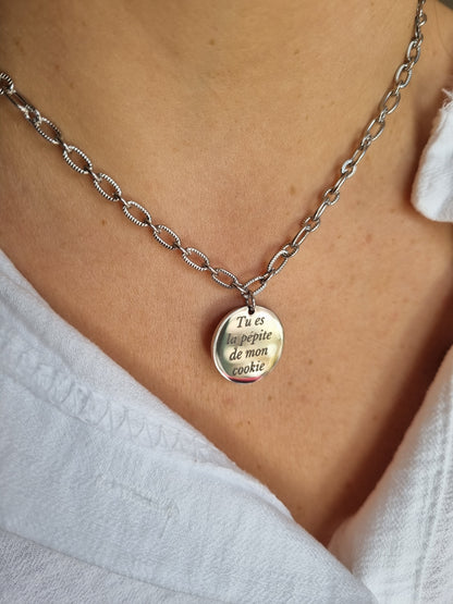 Collier médaille & petits maillons striés à graver | Couleur au choix