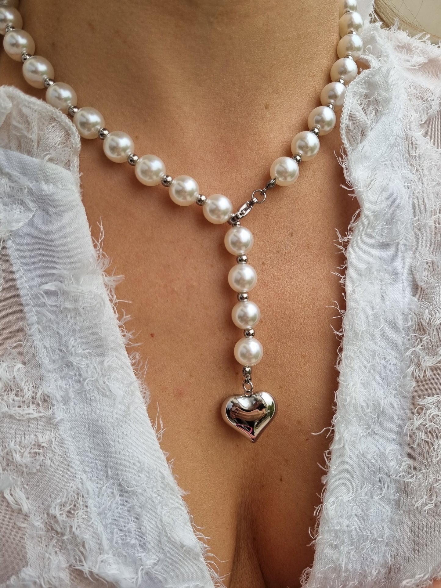 Collier perles & coeur - argenté