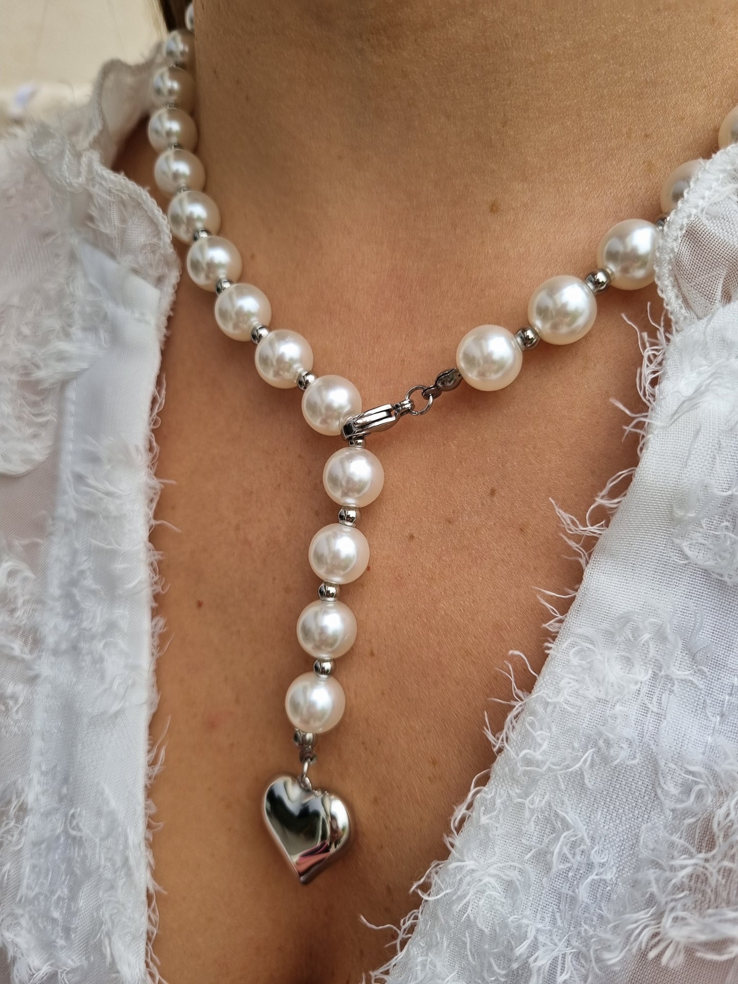 Collier perles & coeur - argenté