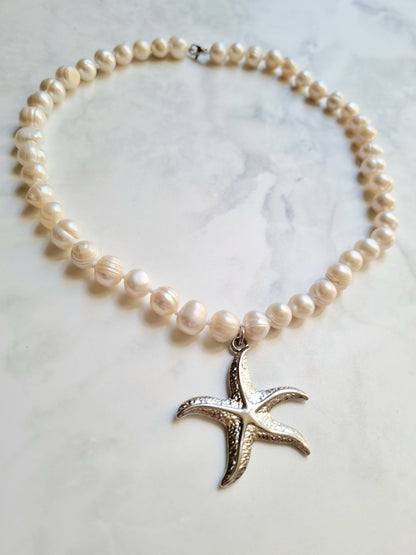 Collier perles d'eau douce & étoile de mer ARIELLA - argenté