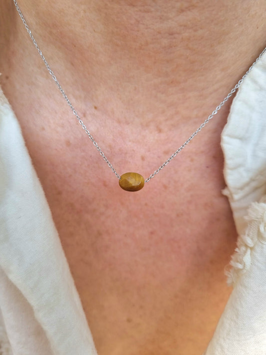 Collier fin petite perle ovale pierre naturelle - argenté | Œil de tigre