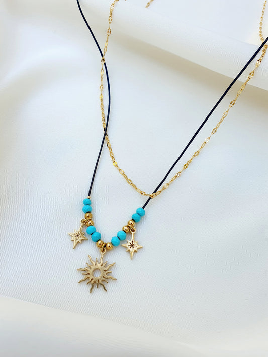 Double collier breloques soleil & étoiles, perles en pierre naturelle - doré  | Turquoise