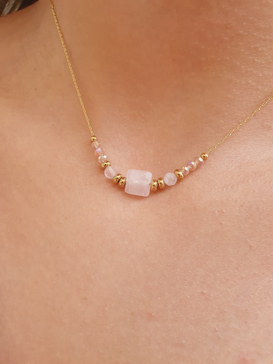 Collier perles quartz rose - doré