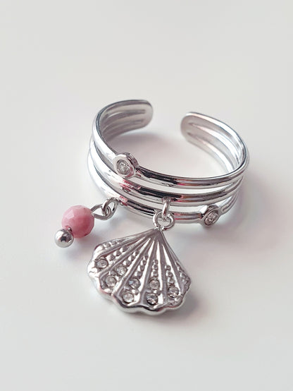 Bague breloque coquillage & perles roses - argenté