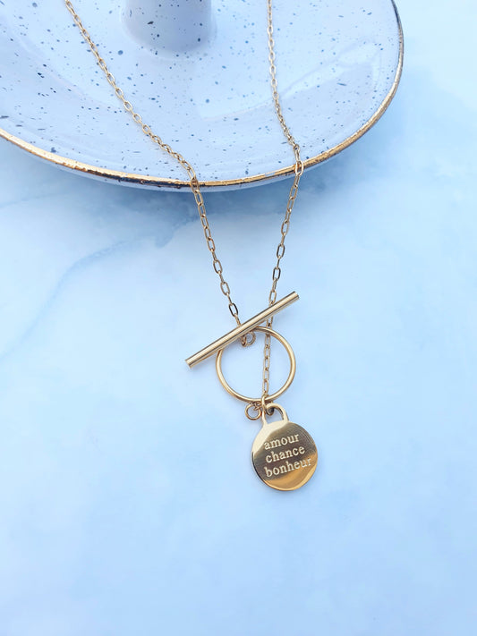 Collier médaillon AMOUR CHANCE BONHEUR - doré