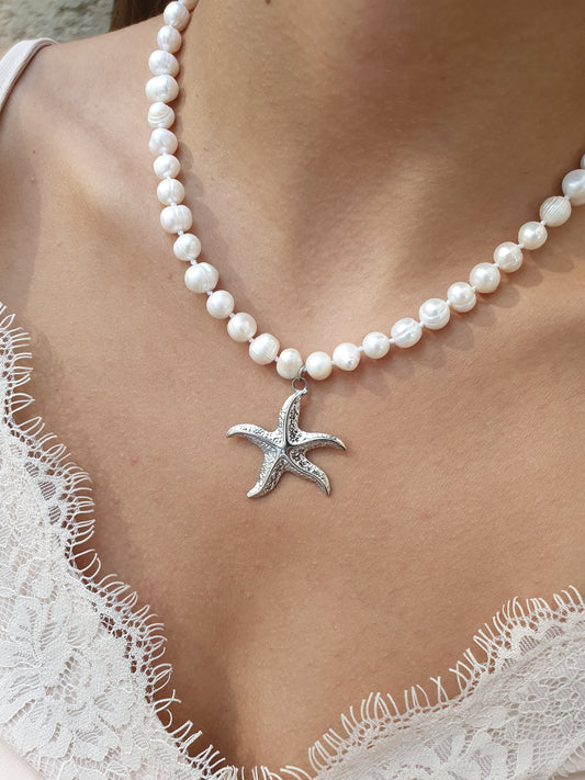 Collier perles d'eau douce & étoile de mer ARIELLA - argenté