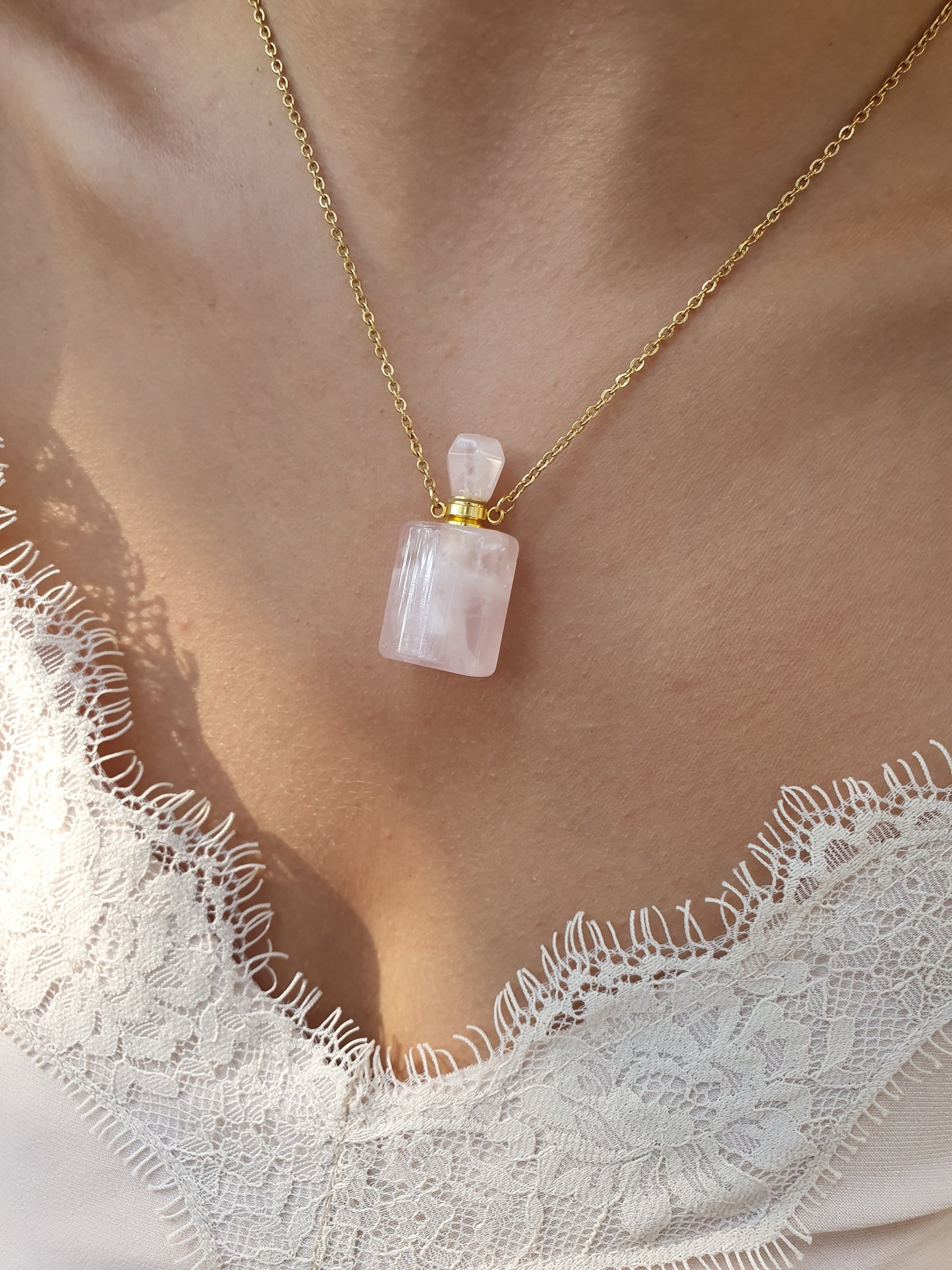 Collier fiole en pierre naturelle Quartz rose - doré