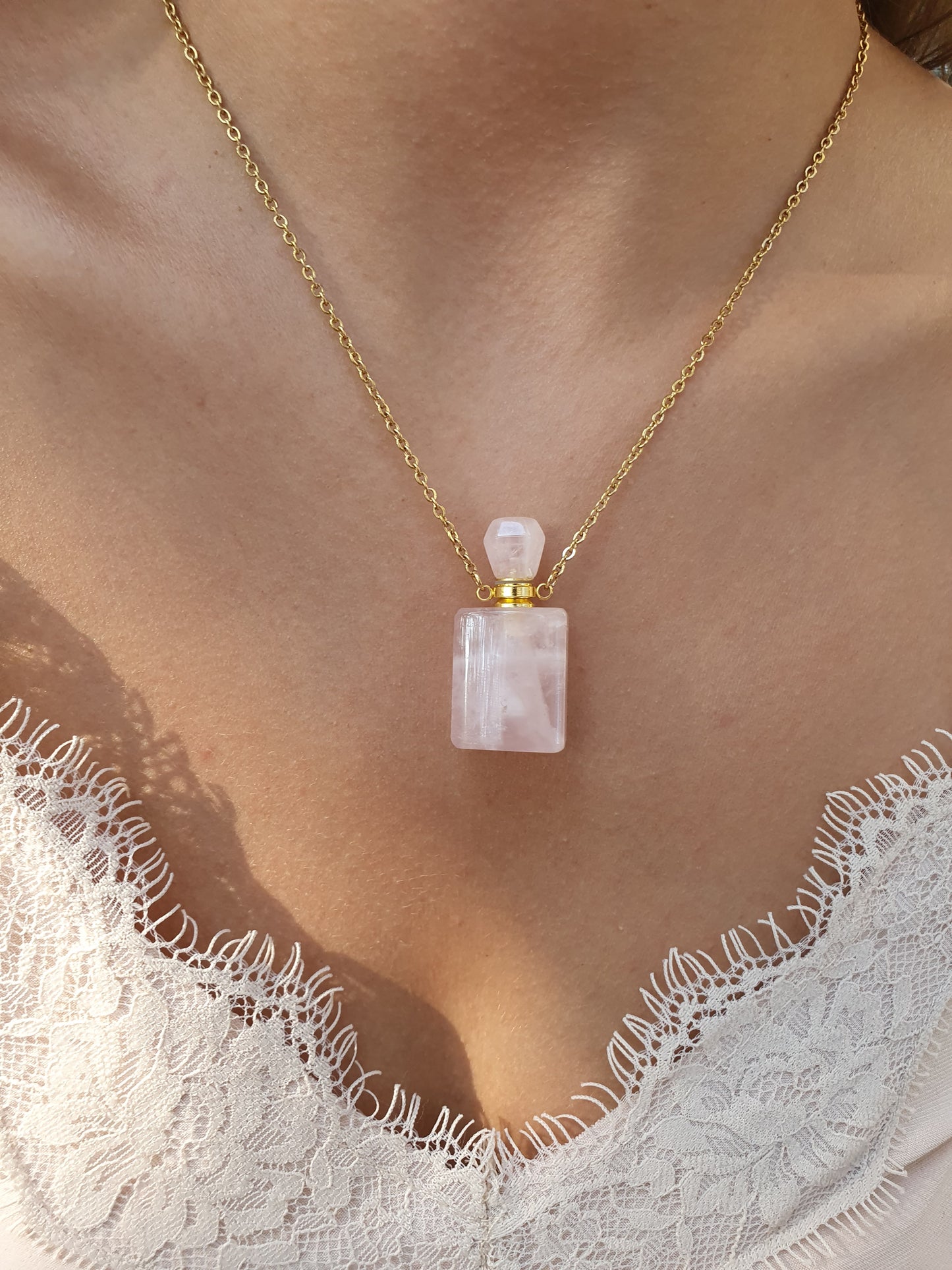 Collier fiole en pierre naturelle Quartz rose - doré