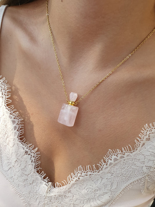 Collier fiole en pierre naturelle Quartz rose - doré