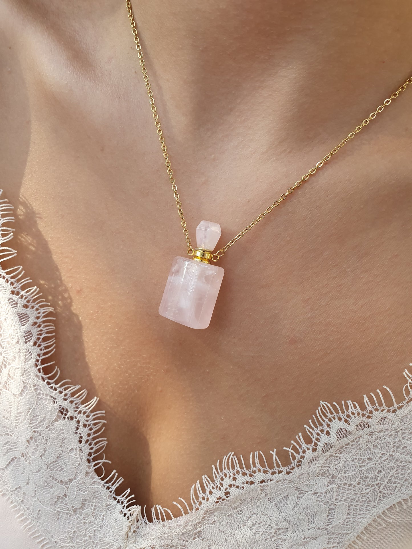 Collier fiole en pierre naturelle Quartz rose - doré