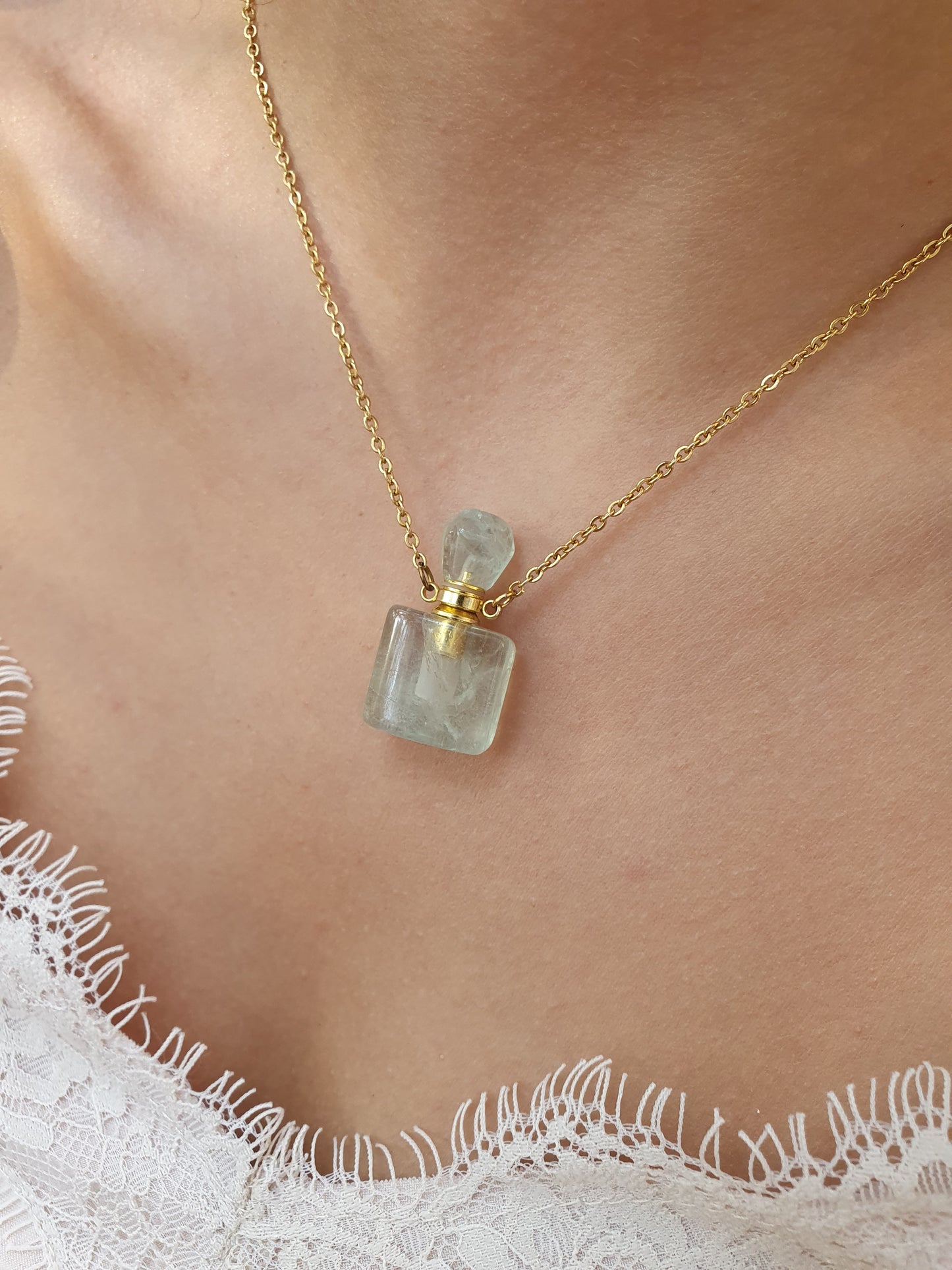 Collier fiole en pierre naturelle Aventurine - doré