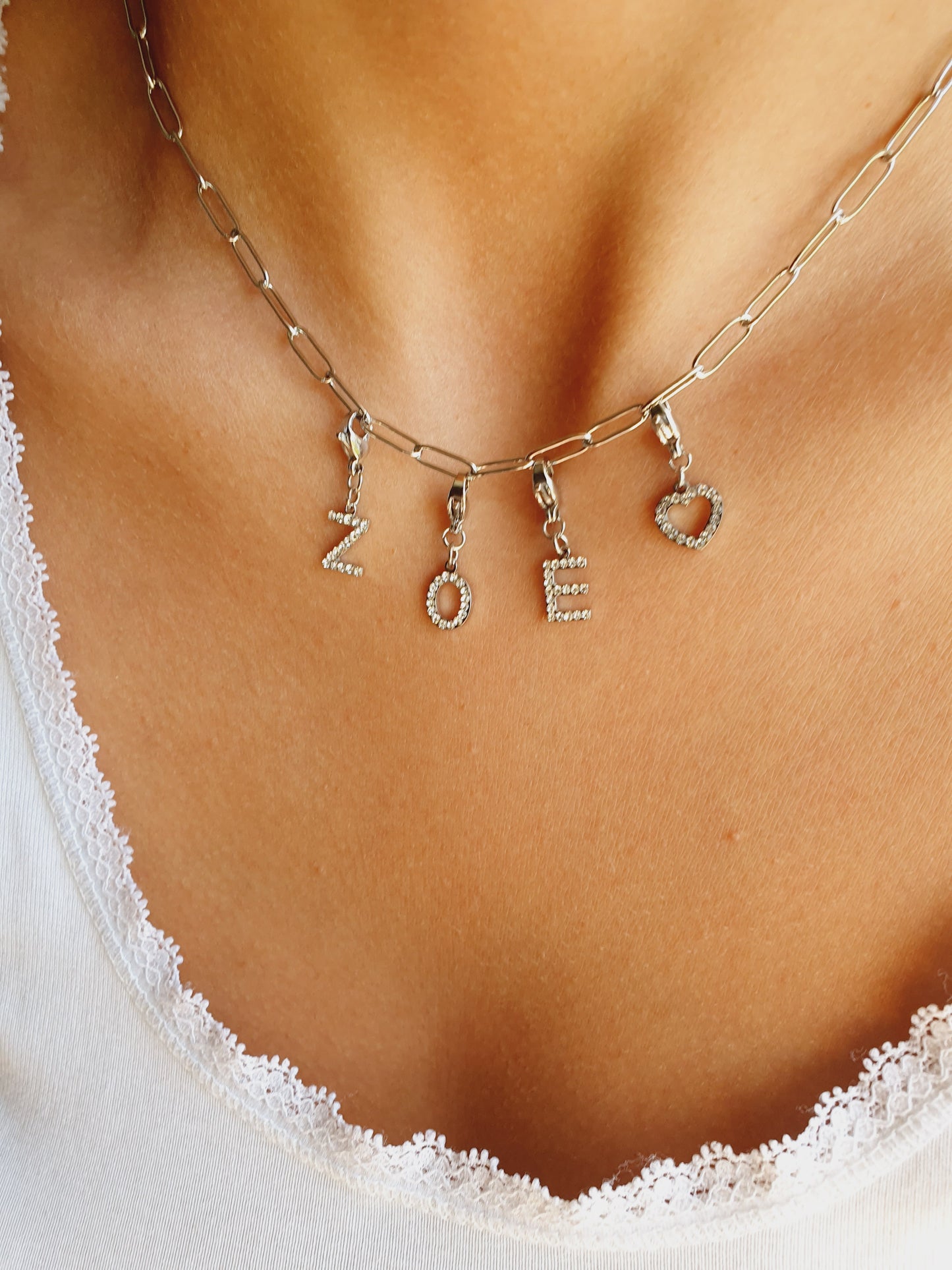 Collier prénom charms lettres strass - argenté