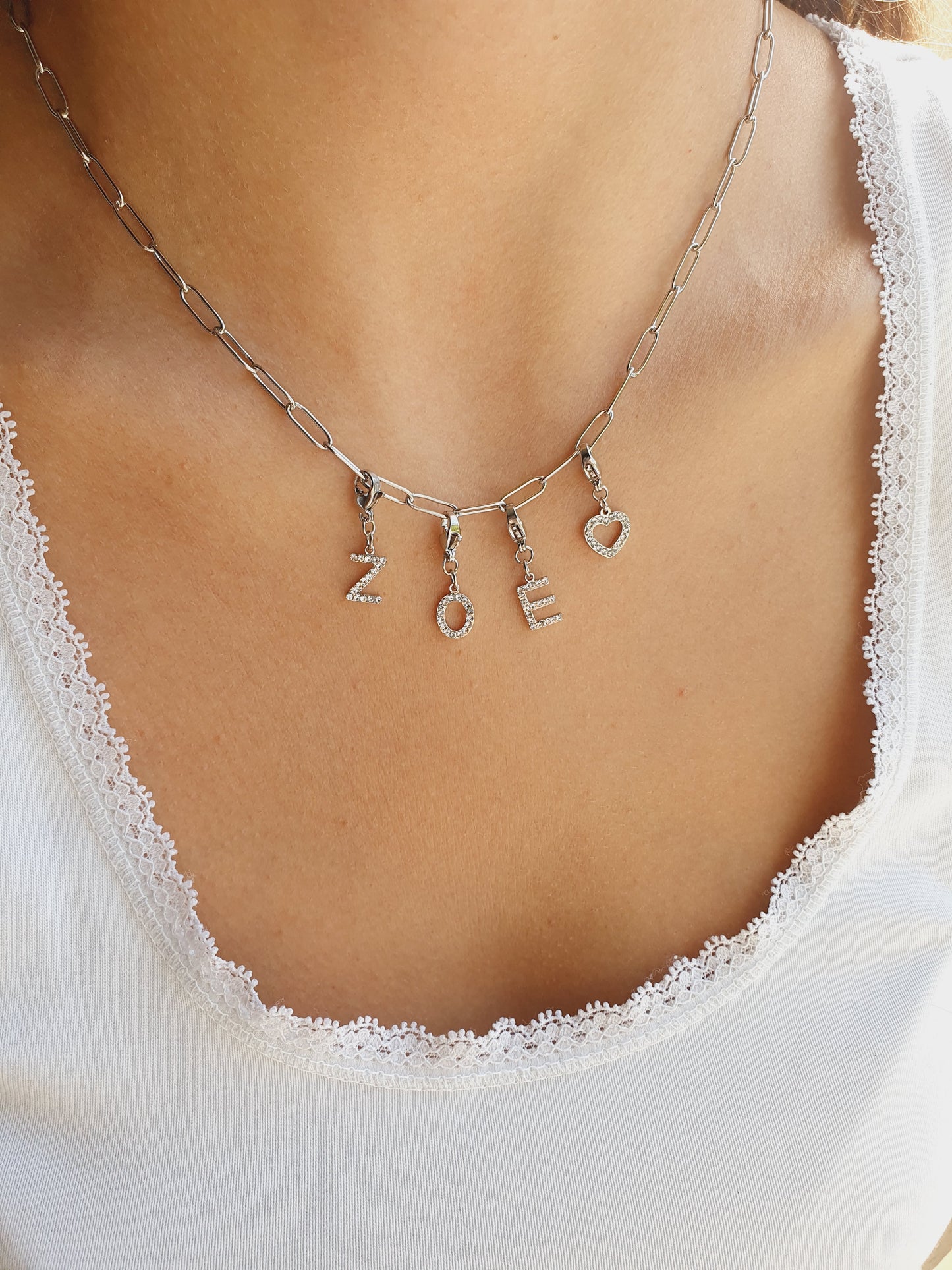 Collier prénom charms lettres strass - argenté