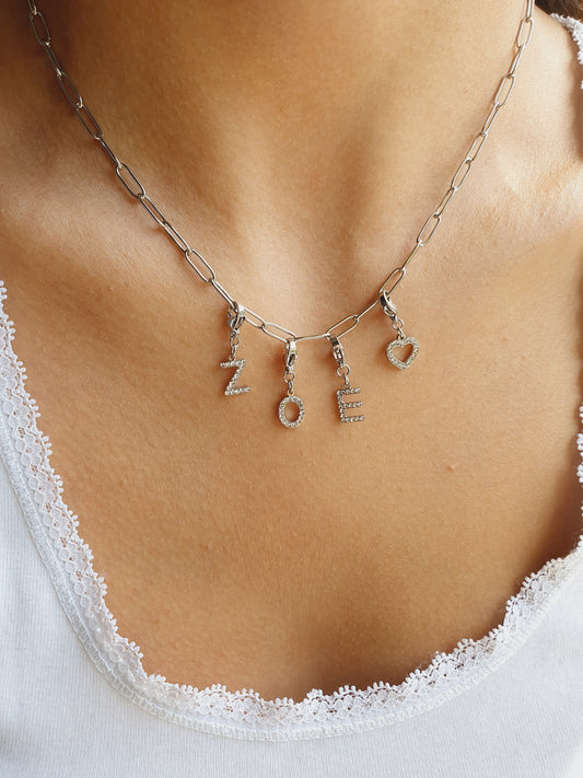 Collier prénom charms lettres strass - argenté