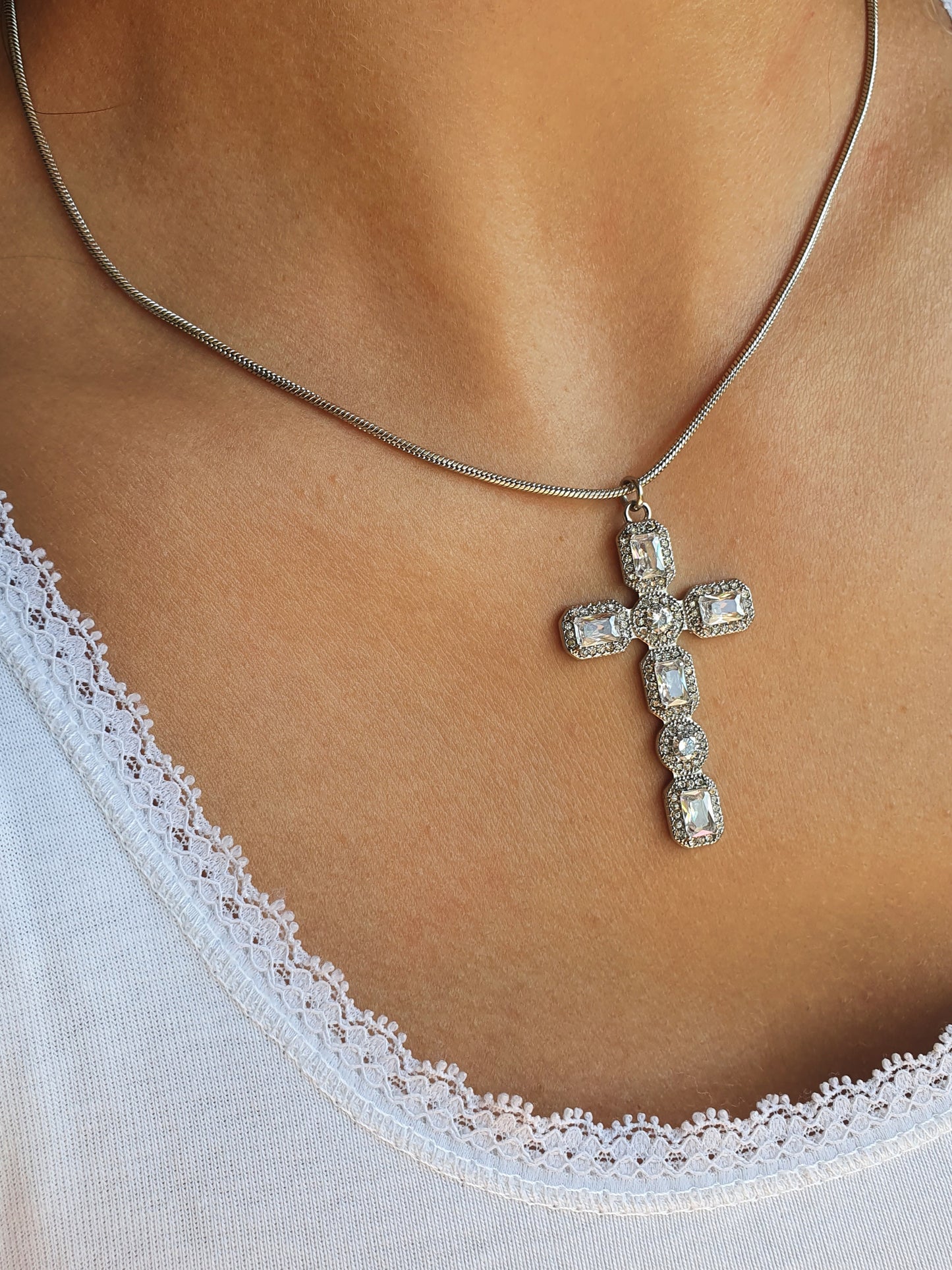 Collier croix zircons - argenté