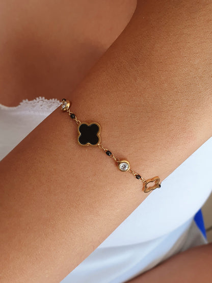 Bracelet trèfle & zircons - doré/noir