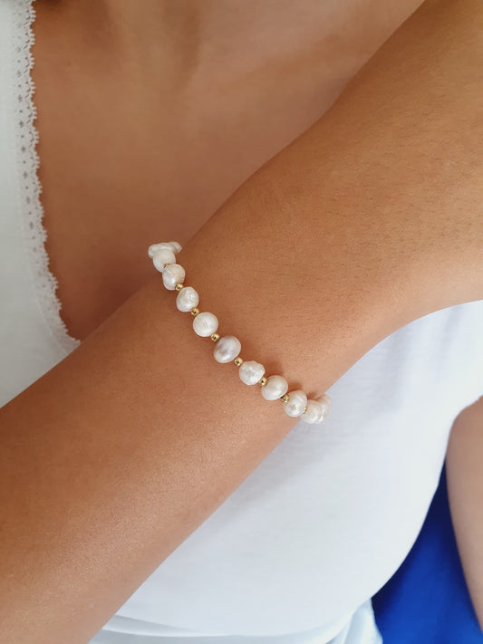 Bracelet perles d'eau douce ajustable - doré/blanc