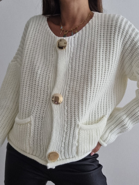 Gilet maille boutons dorés - blanc