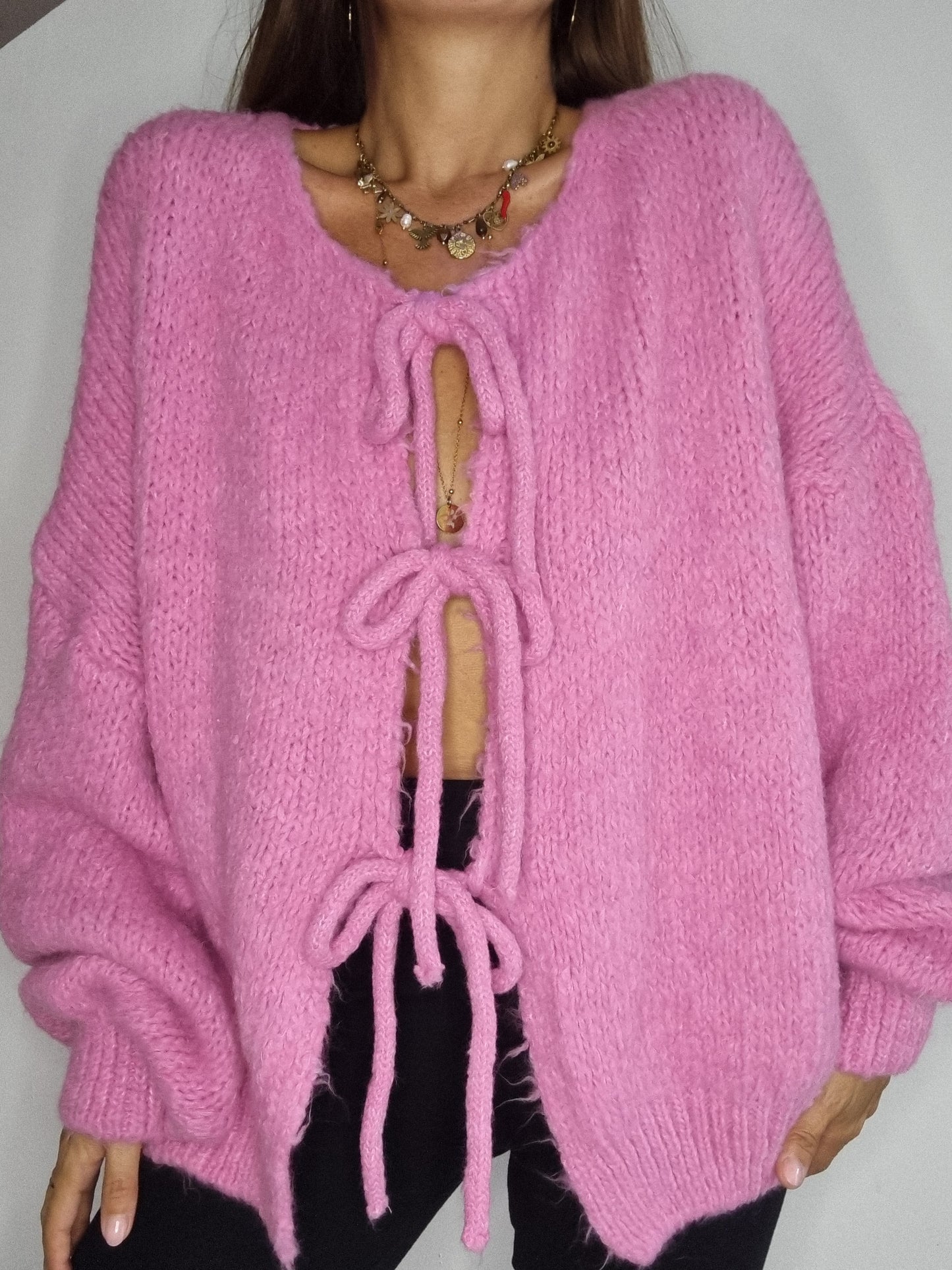 Gilet maille noeuds - rose