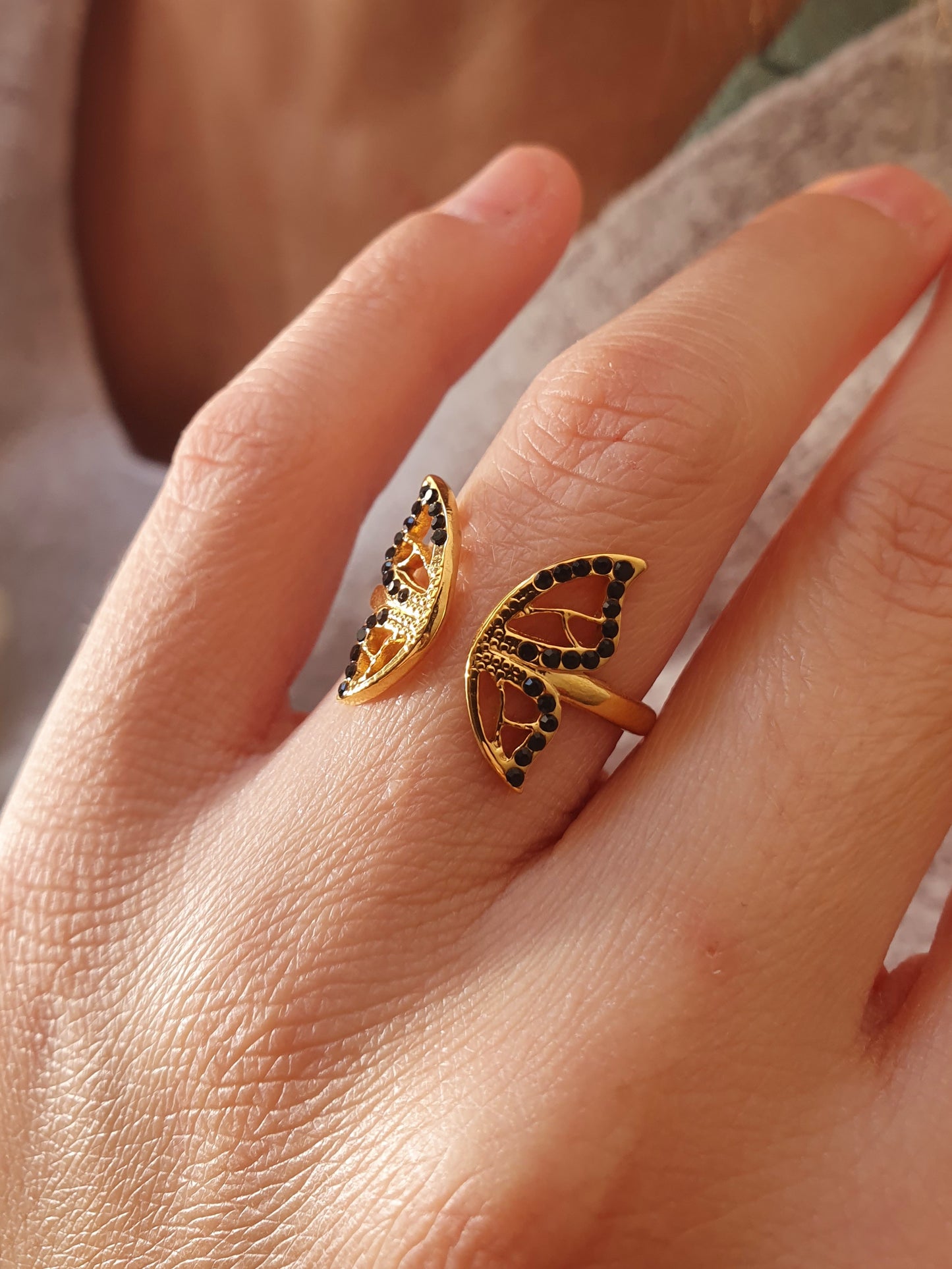 Bague BUTTERFLY strass noirs - doré