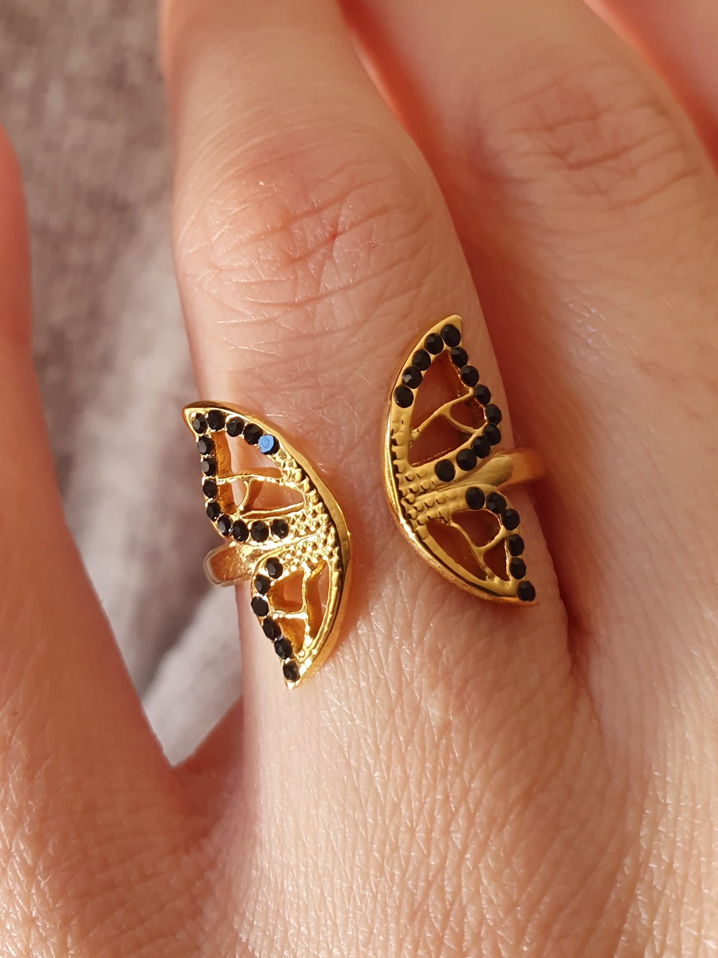 Bague BUTTERFLY strass noirs - doré