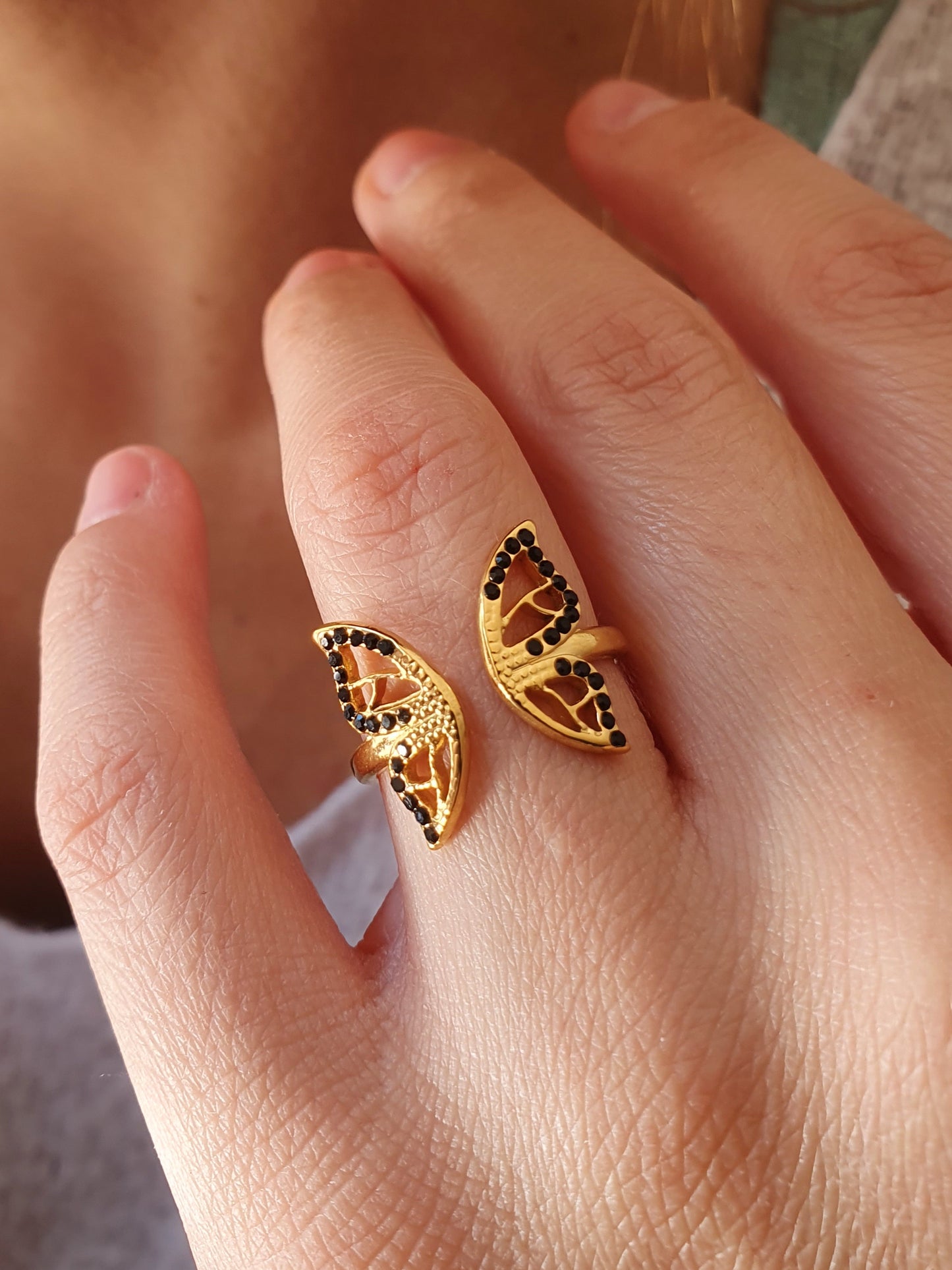 Bague BUTTERFLY strass noirs - doré