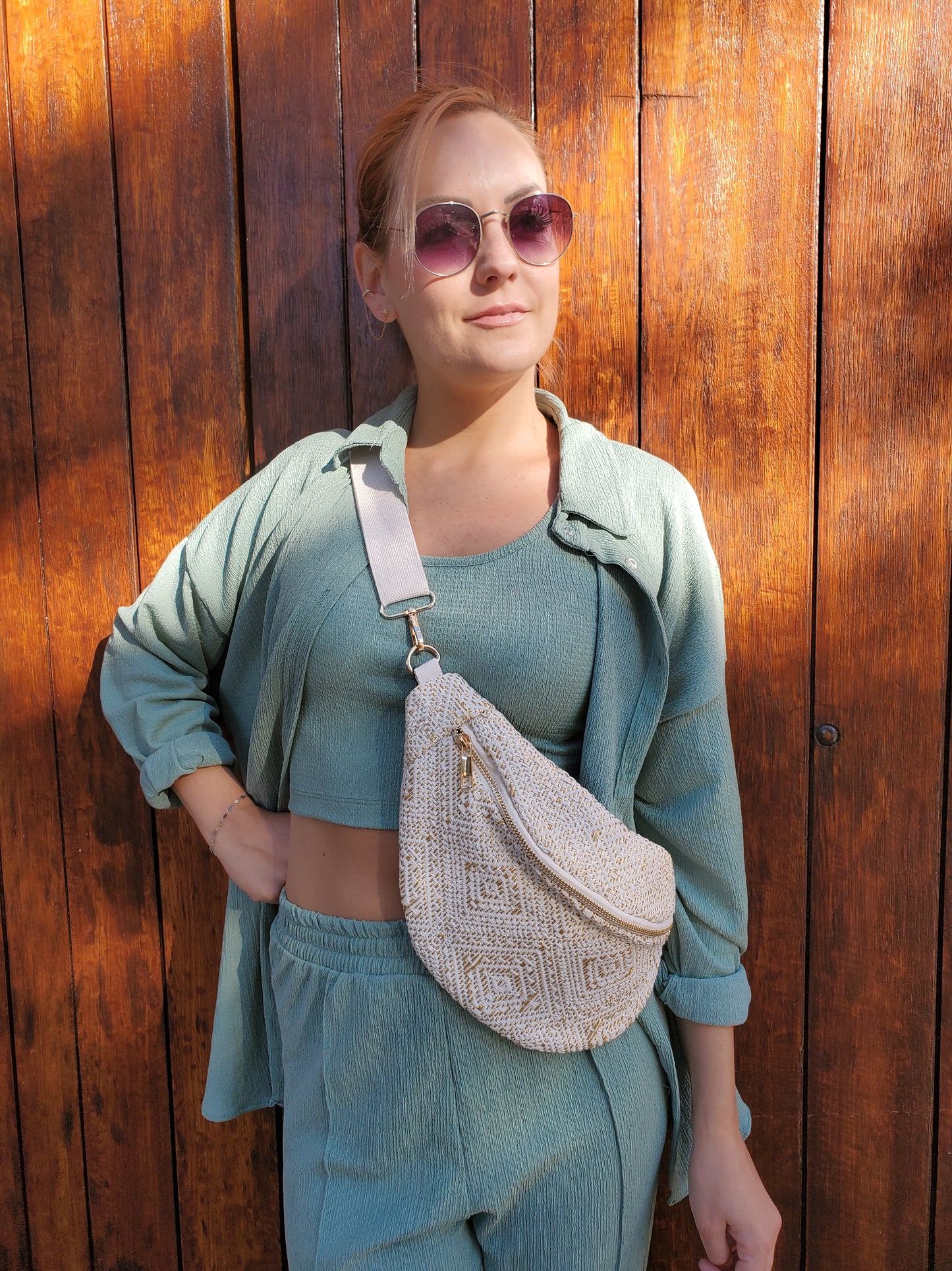 Sac banane bandoulière beige & doré